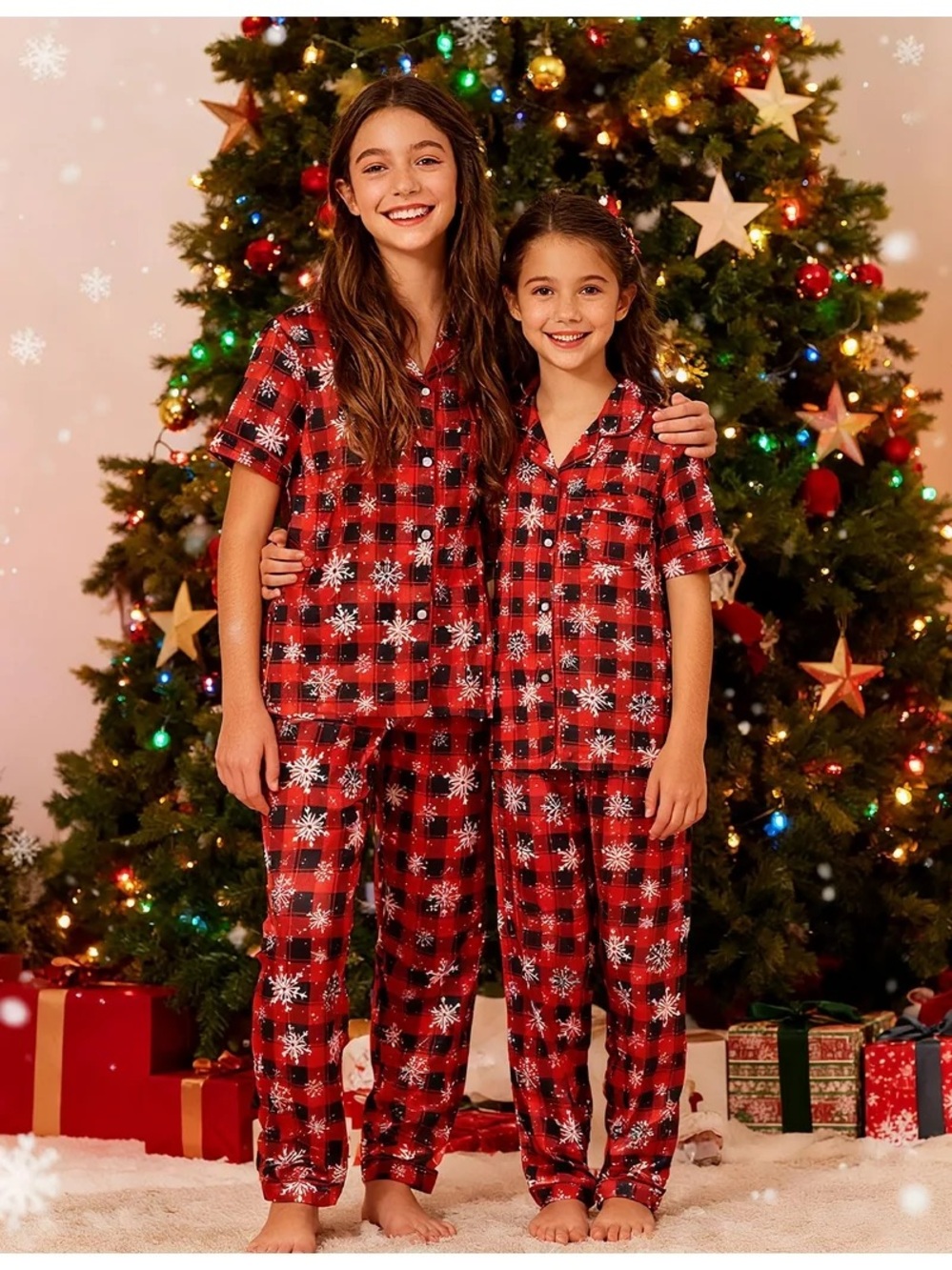 Girls Christmas Pajama Set Size 14Y – Red Plaid Snowflake Button-Up 2-Piece